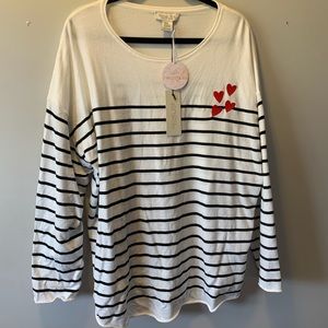 Rachel Zoe Valentine Black & White Striped Sweater Embroidered Hearts 2X